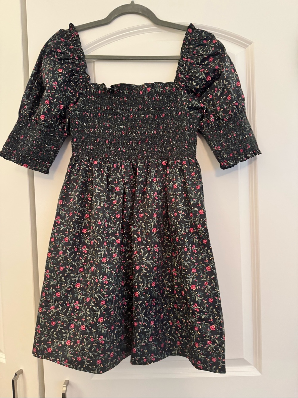 Hill House Black Floral Smocked Puff-Sleeve Dress